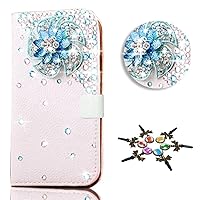 STENES LG V30 Case - 3D Handmade Crystal Luxury Flowers Sparkle Wallet Credit Card Slots Fold Media Stand Leather Cover With Retro Bows Dust Plug - Blue