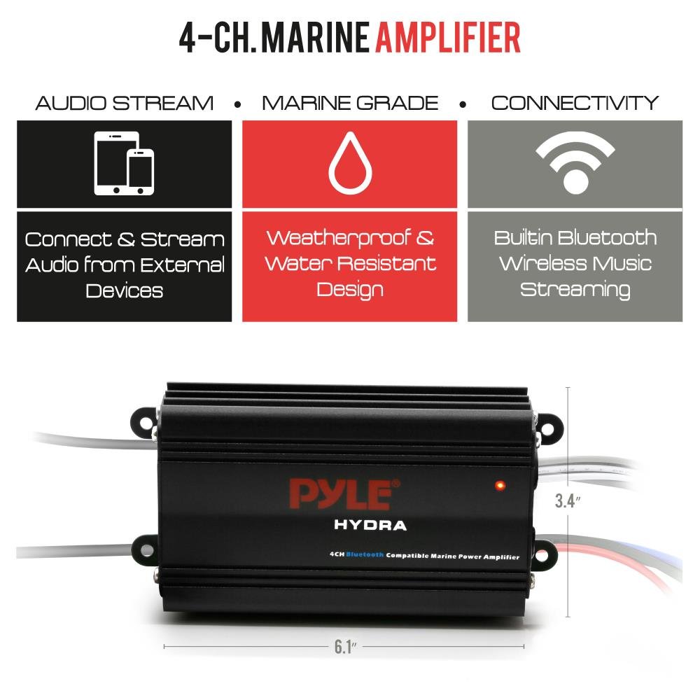 Pyle Auto 4-Channel Marine Amplifier - 200 Watt RMS 4 OHM Full Range Stereo with Wireless Bluetooth & Powerful Prime Speaker - High Crossover HD Music Audio Multi Channel System PLMRMB4CB,Black