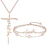 PRAYMOS Faith Cross Necklace and Faith Bracelet Set, Sterling Silver Dainty Necklace and Bracelet Christian Religious Confirmation Jewelry Gifts