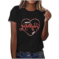 Happy Mother's Day T-Shirts for Women Letter Print Love Heart Graphic Tees Casual Short Sleeve Crew Neck Pullover Top