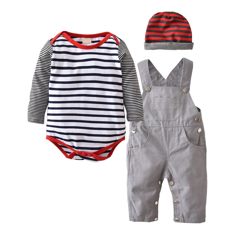 3Pcs Baby Boys Long Sleeve Stripe Romper Overalls Clothing Set with Hat
