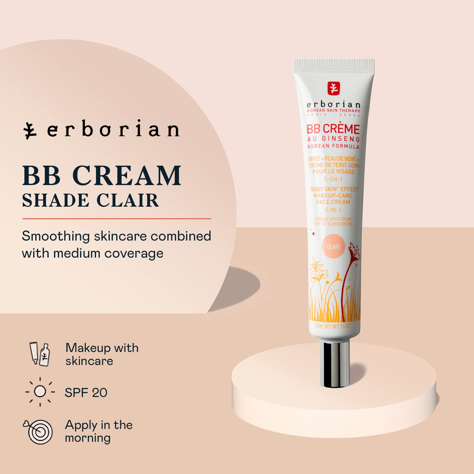 Erborian BB Cream with Ginseng - Lightweight Buildable Coverage with SPF & Ultra-Soft Matte Finish Minimizes Pores, Blemishes & Imperfections - Korean Face Makeup & Skincare