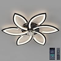 Quiet Ceiling Fan with Light, Ceiling Fan with Remote Control and Lighting Fan Light App Dimmable Colour Brightness 70 W Creative Acrylic Flower Shape Ceiling Light with Fan (Black)