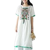 Yesno E33 Women Summer Dress Long Blouse 100% Linen Retro Style Handcraft Ethnic Embroidery Robe Vestidos Fringed Cuff Hem