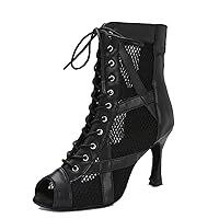 Women's Ankle Dance Boots Party Performance Ballroom Lace-up Mesh Latin Dancing Peep Toe Shoes