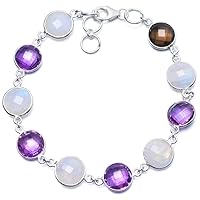 Natural Amethyst,Moonstone and Smoky Quartz Handmade Unique 925 Sterling Silver Bracelet 8-8 1/2