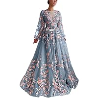 Yuxin Women's Evening Dresses for Women 2024 Flower Embroidered Prom Dresses for Women Long Ball Gown Tulle Lace Formal Party Gowns with Pocket Dusty Blue Us16