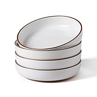 Ceramic Pasta Bowls, 8'' Flat Serving Bowl Plate, Wide and Shallow Bowls for Kitchen, Pasta, Salad, Set of 4, White Color