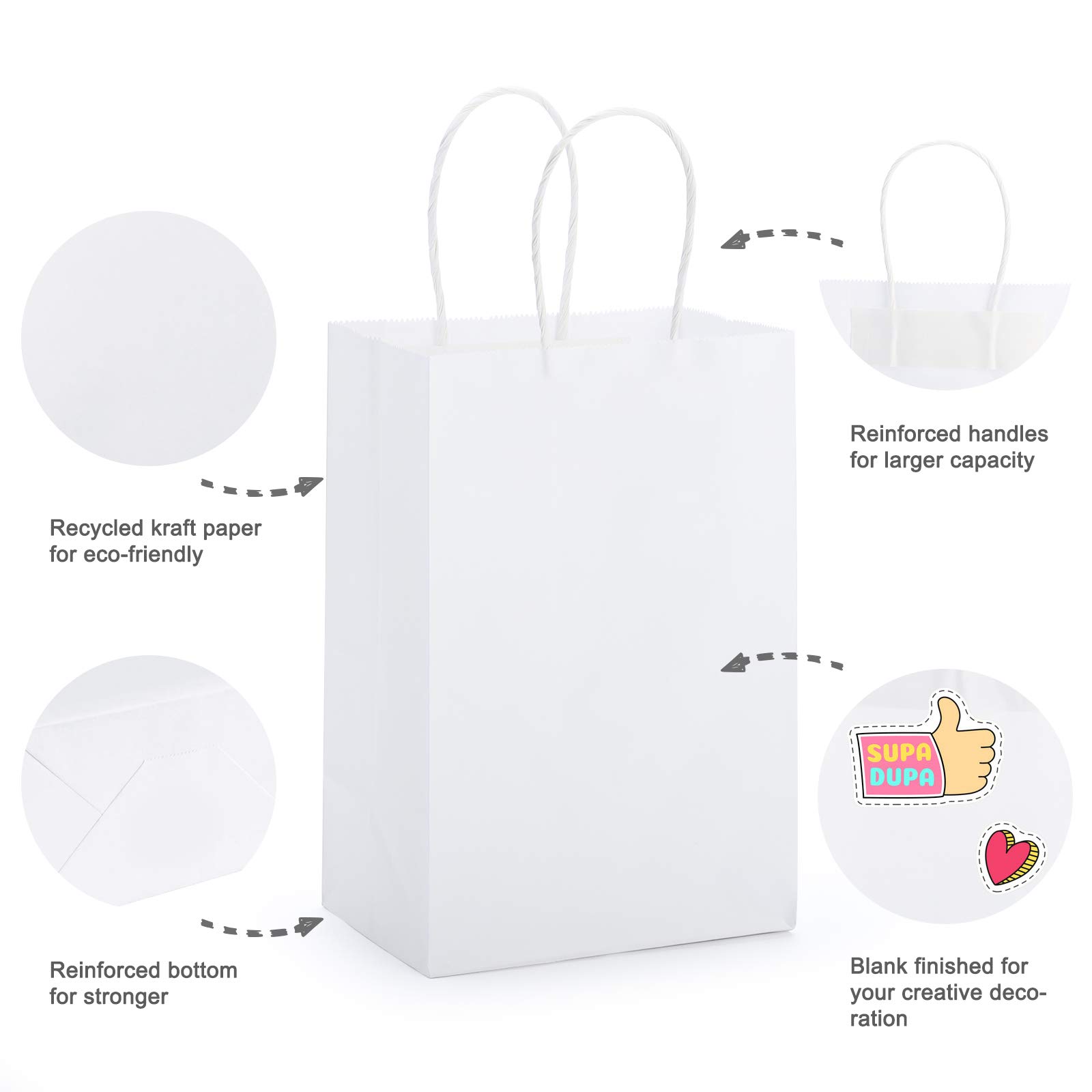MESHA White Gift Bags 5.25x3.75x8 Inches 50Pcs & 10x5x13 Inches 50Pcs Paper Bags with Handles Small Shopping Bags,Wedding Party Favor Bags