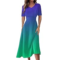 Dresses for Women Summer V Neck Waist Maxi Dress Floral Printed Trendy Short Sleeve Dress Flowy Swing Long Dress