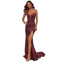Maroon Mermaid Prom Dresses Long for Women Spaghetti Straps V-Neck Sequin Ball Gowns with Slit Size 2