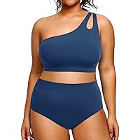 Tempt Me Womens Plus Size High Waisted Bikini Two Piece One Shoulder Swimsuit Keyhole Bathing Suits