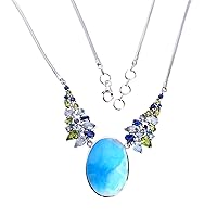 Larimar Peridot Kyanite & Blue Topaz Gemstone 925 Solid Sterling Silver Necklace Beautiful Handmade Jewellery Birthday Gift