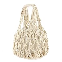 New Straw Bag Cotton Thread Woven Bag Portable Net Bag Casual Bucket Handbag Summer Beach Purse for Women/Girls