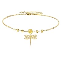 Dragonfly Ankle Bracelets Jewelry Gifts for Women Girls Yellow Gold Dragonfly Flower Anklet Chain Link Anklets with Adjustable 2.5 inchs Extension Chain