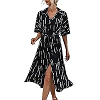 Women's 2023 Summer Dress Button Front Half Sleeve Striped Print Belted Shirt Midi Dresses