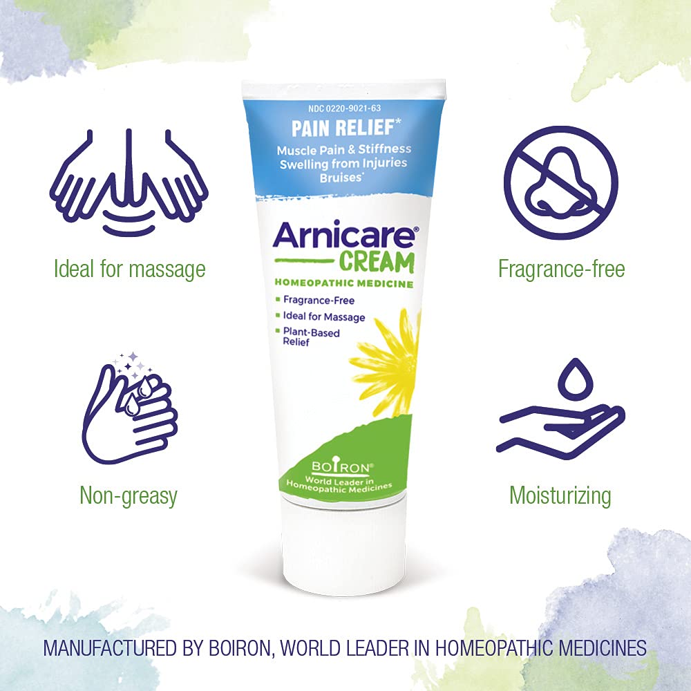 Boiron Arnicare Cream for Soothing Relief of Joint Pain, Muscle Pain, Muscle Soreness or Stiffness, and Swelling from Injury - Fast Absorbing and Fragrance-Free - 2.5 oz