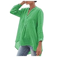 Womens Long Sleeve Cotton Linen Shirts Irregular High-Low Hem Tunic Tops Plus Size Casual Loose V Neck Blouses