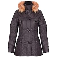 Women's Quilted Leather Parka Jacket with Detachable Hood