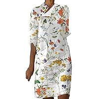 Women's Summer Linen Dresses 2023 Casual Stand Collar ButtonPrinted Mid Sleeved Dress Dark Dress(White,Small)