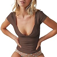 Women Low Cut Tops Backless Deep V Neck Short Sleeve Crop Tops Sexy Summer Y2k Shirt Going Out Club Wear