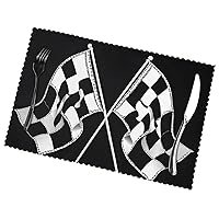 (Black White Formula Checkered Flags Pattern) Set of 6 Placemat, Holiday Banquet Kitchen Table Decoration Flower Mats, Waterproof, Easy to Clean, 12 X 18 Inches