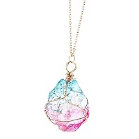 1PC Natural Rainbow Stone Natural Crystal Rock Necklace Gold Plated Quartz Pendant, Gemstone Necklace Jewelry for Women Girls (Multicolor, One Size)