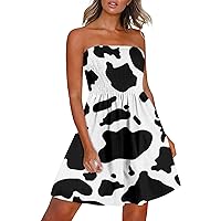 Women Smocked High Waist Cow Print Bandeau Dresses Strapless Backless Casual Fashion Summer Flowy A-Line Beach Dress