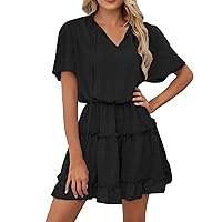 Womens Boho Dresses 2024 Summer Tie Neck Pleated Dress Short Sleeve Elegant Beach Layered Sundress Cocktail Dress