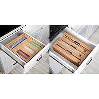 Bamboo Plastic Bag Organizer for Kitchen Drawer | Gallon, Quart, Sandwich, Snack 3-In-1 Bamboo Food Wrap Organizer With Safety Cutter | Plastic, Wax, Paper and Foil Holder