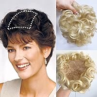 Short Curly Real Human Hair Topper with Front Bangs for Women,Breathable Wiglets Hairpieces 5.1x5.5 Large Coverage Women Toupee Clip in Top Wavy Hair Pieces Topper(7