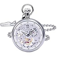 Men’s Mechanical Pocket Watch with Chain, Silver Classic Skeleton Mechanical Movement Pocket Watch