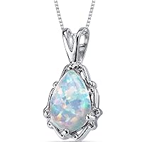 PEORA Created White Fire Opal Pendant Necklace 925 Sterling Silver, Solitaire Teardrop, 1.50 Carats Pear Shape 10x7mm with 18 inch Chain