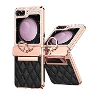 for Samsung Galaxy Z Flip 5 Bling Case,Luxury Soft Rhomboid with Ring for Women, PU Leather + Electroplated PC Shell (Black)