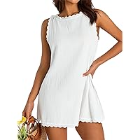 Sunloudy Halter Scallop Sleeveless Tank Dress for Women Linen V-Neck Short Dress A-line Hem Flowy Beach Dress