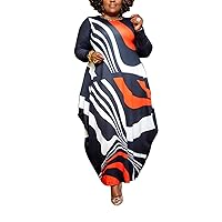 Elainone Women's African Plus Size Print Loose Maxi Dress Casual Long Sleeve T Shirt Long Dresses with Pockets