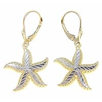 14K yellow gold Hawaiian 18mm starfish white gold diamond cut leverback earrings