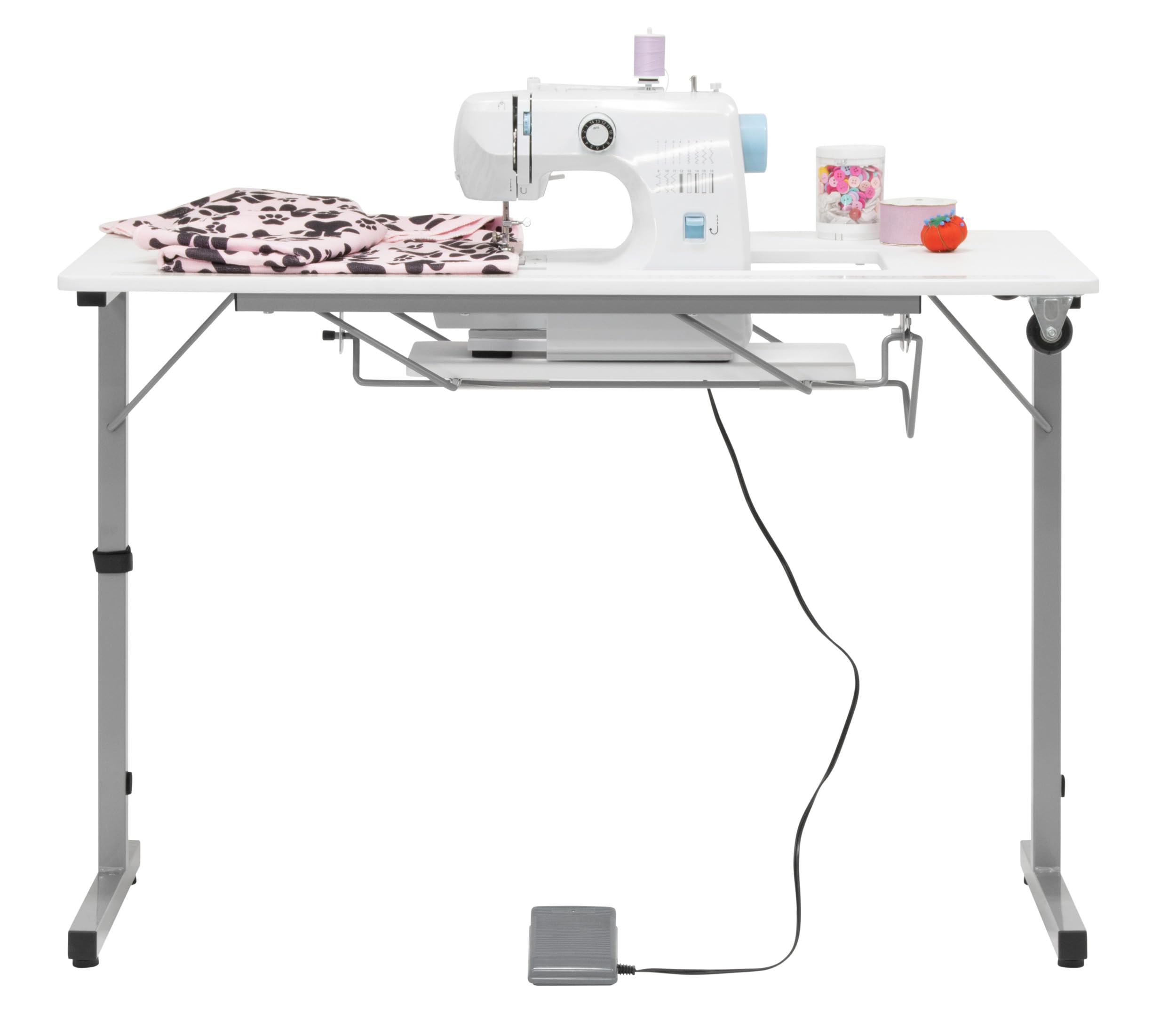 Rollaway II Compact Portable Folding Sewing Table, Silver/White