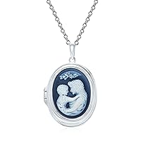Personalize Vintage Victorian Style Black Blue White Carved Mother and Child Loving Cameo Photo Locket Pendant Son Daughter Necklace For Women .925 Sterling Silver Women Hold Picture Custom Engraved
