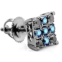 Dazzlingrock Collection Round Black Diamond & Blue Sapphire Square Shaped Screwback Unisex Stud Earring in 10K White Gold (1 Pc Only)