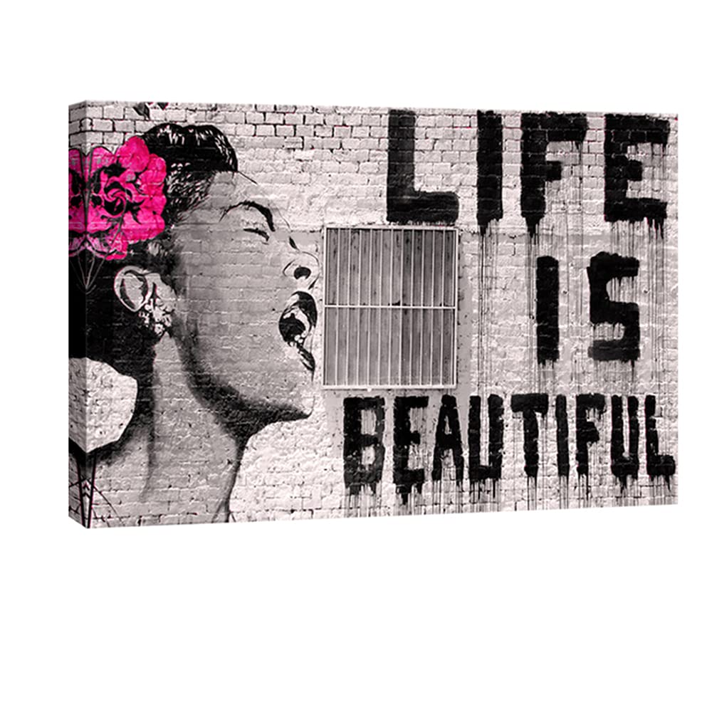Wieco Art Banksy Life is Beautiful Modern Gallery Wrapped Grey Love Abstract Artwork Paintings Pictures Large Giclee Canvas Prints Wall Art Ready t...