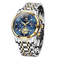 OLEVS Men's Business Dress Watch Gold Blue with Large Easy-Read Analog Quartz Date Display Luxury Stainless Steel Band Waterproof Luminous Hands