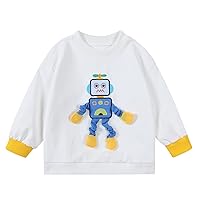 White Sweater Casual Basic Round Neck Cartoon Robot Embroidery Elements Long-sleeved Tops For Boys And Girls
