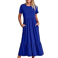 Amazon Brand Products Store Women Short Sleeve Midi Dresses Summer Casual Dress Ruffle Swing Flowy Sundress Mid Calf T Shirt Dress with Pocket Resort Dresses for Women Blue