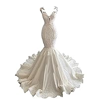 Women's Illusion Sweetheart Lace Beach Bridal Ball Gowns Long Train Mermaid Wedding Dresses for Bride