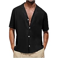 Button Down Linen Shirts for Men Casual Short Sleeve Regular Fit Cotton Beach Shirts Lightweight V-Neck Tops 2024