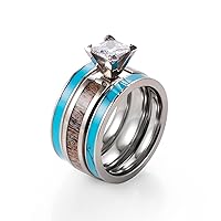 Women’s Titanium Ring Set (3pcs) 5mm Genuine Antler Inlaid Cubic Zirconia Engagement Ring and 3mm Turquoise Inlaid Bands