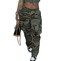 NRTHYE Women Camouflage Cargo Pants Pocket Zipper High Waist Patchwork Straight Casual Trousers