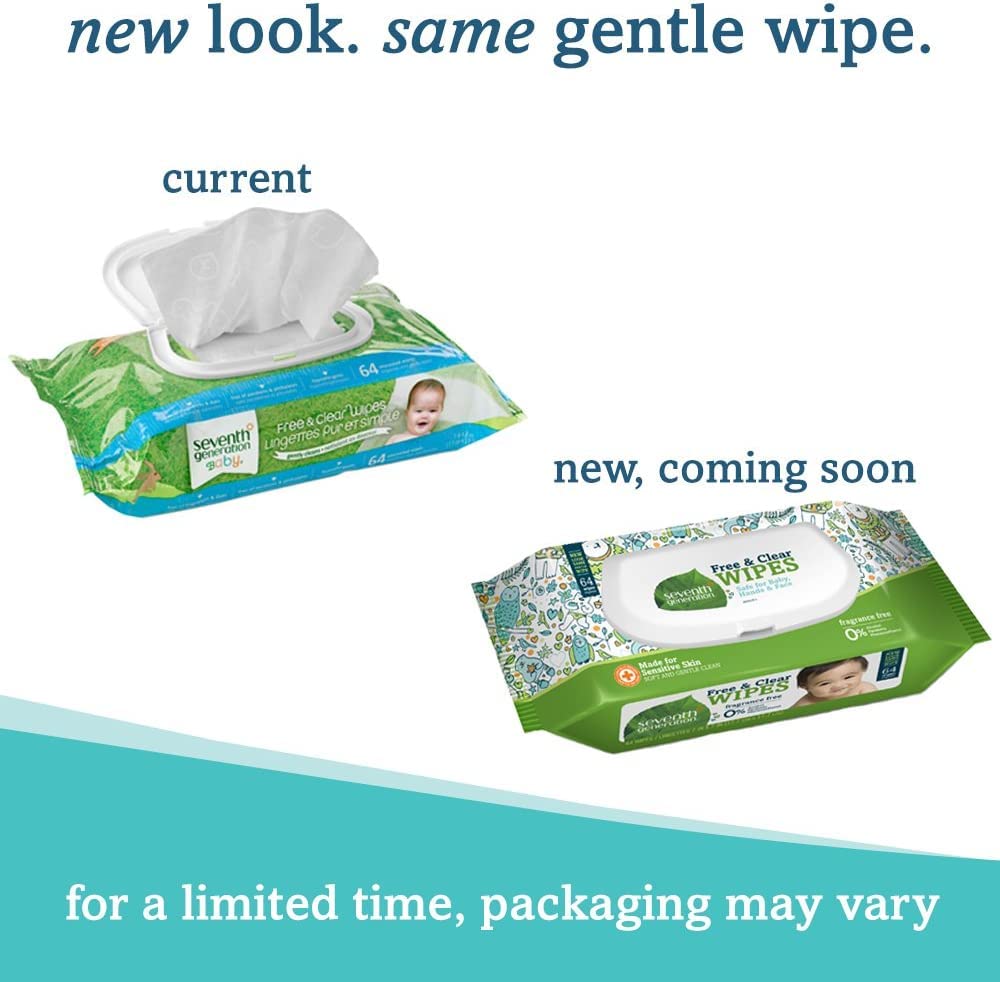 Seventh Generation Free & Clear Baby Wipes with easy open top, 64 count packs (pack of 12) (768 wipes)
