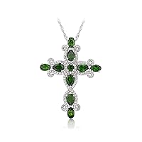 925 Sterling Silver Natural Chrome Diopside Created White Sapphire Cross Necklace Pendant with 18+2